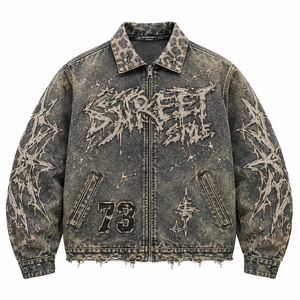 Custom Street Style Acid Wash <b>Denim</b> Jacket Vintage Graphic Print Distressed Zip Up Casual Jean <b>Coat</b> For Unisex Wear - Product Image 3