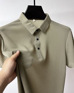 T-shirts pour hommes à manches courtes 100 % coton tricoté en soie glacée, col à revers boutonné, décontracté, été, couleur unie, extensible, confortable - Product Image 2