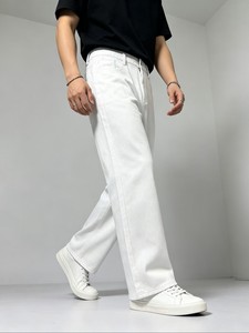Men's <b>White</b> Cotton Casual Pants Wide Leg Straight Fit Mid Waist Drawstring Closure Lightweight Oxford Fabric Summer Wear - Product Image 4