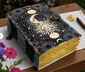 Diario de Cuero Negro Hecho a Mano, Cuaderno de Cuero Vintage con Diseño de Sol y Luna, Libro de Bocetos, Cierre de Latón, Diario Hecho a Mano sin Rayas - Product Image 1