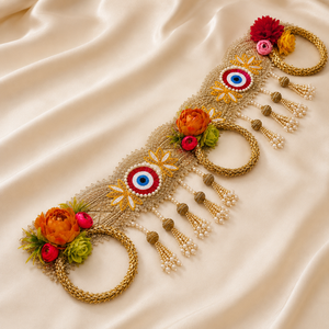 Décoration murale artisanale œil porte-bonheur floral Bandhanwar Toran avec pompon de perles et dentelle dorée pour mariage et fête, décoration de maison - Product Image 1