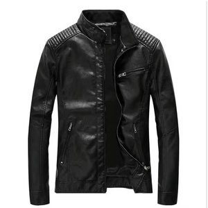 <b>Men's</b> Black PU Leather Moto Jacket Stand Collar Zipper Closure <b>Slim</b> <b>Fit</b> Autumn Wear Regular Sleeve Solid Color - Product Image 1