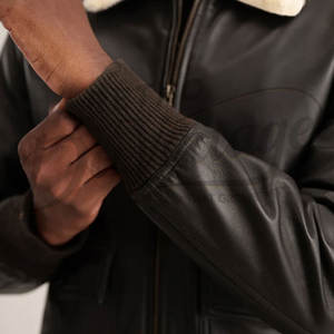 Chaqueta de Piloto de Cuero Genuino Negro para Hombre, Abrigo de Invierno Cálido con Forro de Piel de Oveja Crema, Chaqueta de Motero - Product Image 6
