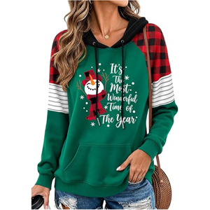 Pull à Capuche Femme Personnalisé Motif Bonhomme de Neige Festif Colorblock Hiver Vente en Gros Manches Raglan à Carreaux Buffalo Vêtement de Fête - Product Image 1