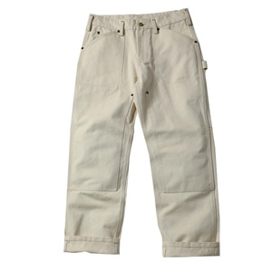 Jean en denim utilitaire beige cassé pour homme, coupe droite classique, avec rivets et ourlet retroussé, pantalon décontracté - Product Image 1