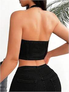 Haut corset en jean pour femme, style halter, court, à lacets, noir, avec boutons sur le devant - Product Image 3