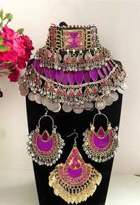 Parure de bijoux ethniques afghans Kuchi pour femme, style antique afghan, avec collier à pampilles et pièces de monnaie, boucles d'oreilles et tikka, pour mariage, fête ou l'Aïd - Product Image 4