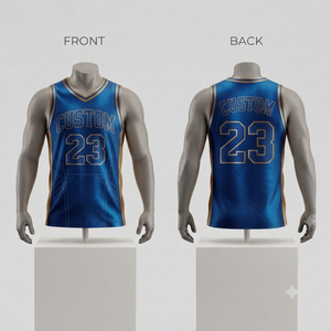 Custom Basketball Jersey Men's <b>Blue</b> Gold V-Neck Sleeveless <b>Mesh</b> Breathable Team Uniform Sublimated Print 23 Front Back - Product Image 1