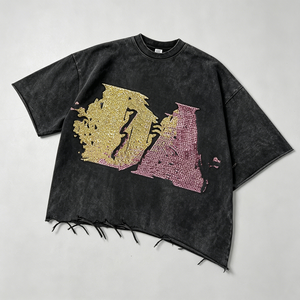 T-shirt en maille oversize à col rond et manches courtes pour homme, 100 % coton, bords bruts lavés, design streetwear, coupe ample, écoresponsable - Product Image 2
