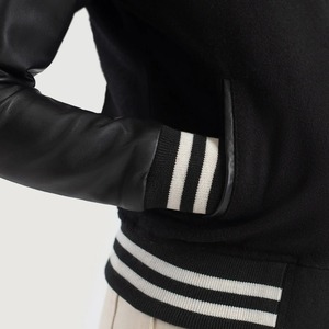 Black Varsity <b>Jacket</b> With Brown Faux Leather Sleeves Stand Collar Button Closure Autumn Wear <b>Women's</b> <b>Jacket</b> - Product Image 6