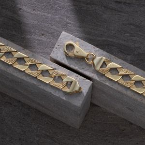 Gold Tone Ornate Geometric Cuban Link <b>Bracelet</b> with Engraved Pattern for <b>Men</b> and Women - Product Image 3