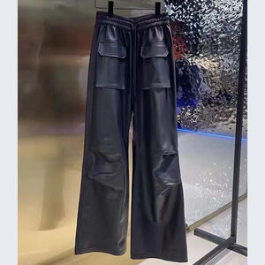 Pantalon en cuir véritable pour femme, coupe droite, en peau de mouton, style cargo, noir, élégant, printemps-automne - Product Image 4
