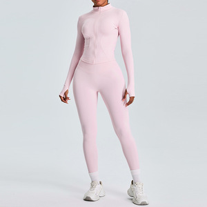 Women's <b>Pink</b> Turtleneck <b>Long</b> <b>Sleeve</b> Zip-Up Sporty Knitted <b>Top</b> With High Waist Leggings Set Breathable Spandex Polyester Fit - Product Image 1