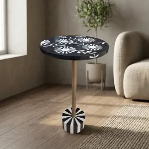 <b>Round</b> <b>Black</b> Wood <b>Side</b> <b>Table</b> with Floral Bone Inlay Top Brass Metal Pedestal and Decorative Base Modern Accent Furniture - Product Image 4