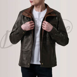 เสื้อแจ็คเก็ตหนังสีน้ำตาลเข้มสำหรับผู้ชาย พร้อมปกด้านในสีแทนตัดกัน หนังแกะแท้ ทรงเข้ารูป สวมใส่สบายในฤดูใบไม้ร่วงและฤดูหนาว สไตล์ลำลองแบบนักขี่มอเตอร์ไซค์ - Product Image 6