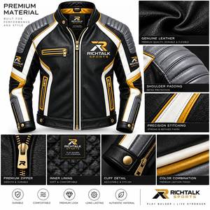 Blouson de moto en cuir véritable pour homme, noir, blanc, or, color block, col montant, fermeture éclair, coupe-vent, style motard - Product Image 6