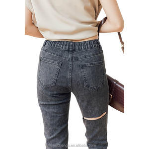 Venta caliente pantalones vaqueros de cintura media para mujeres vestidos casuales pocos elásticos cintura elástica transpirable Denim en stock estilo novio - Product Image 5