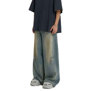 Pantalones Vaqueros Personalizados al por Mayor para Hombre, Diseño Bicolor con Empalmes, Estilo Vintage Oscuro Desgastado, Ecológicos, de Cintura Media, Pierna Ancha, Estilo Urbano, 100% - Product Image 4