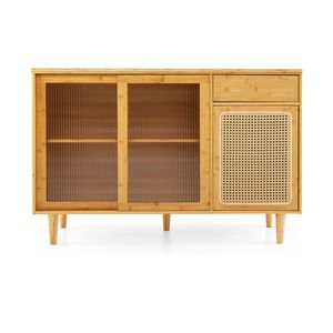Aparador de Bambú Natural con Base de Madera de Caucho de 5 Patas, Puerta Corredera de Ratán y Cajón Extraíble - Product Image 5