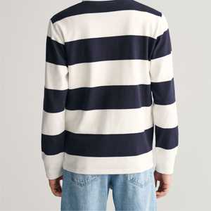 เสื้อโปโลผู้ชายแขนยาวลายทางถักนิตติ้งลำลองสีน้ำเงินลายขาวทรงปกติ - Product Image 4