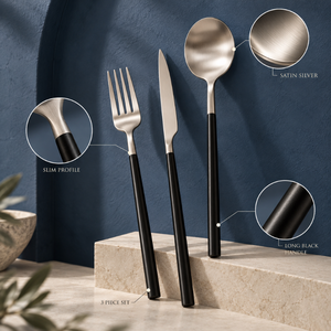 Ensemble de couverts modernes en acier inoxydable avec des poignées noires élégantes, finition argent satiné, trois pièces, ustensiles de table |   Table contemporaine - Product Image 4