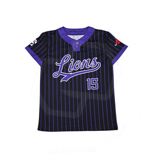 Camiseta de Béisbol Sublimada de Poliéster a Rayas Negras y Moradas, de Dos Botones, Unisex, Manga Corta, Transpirable y que Absorbe la Humedad, al por Mayor - Product Image 1