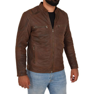 Chaqueta de cuero con forro de viscosa acolchado, cremallera, color marrón, logotipo personalizado al por mayor, chaqueta de cuero auténtico a prueba de viento, chaqueta descolorida para hombre - Product Image 1