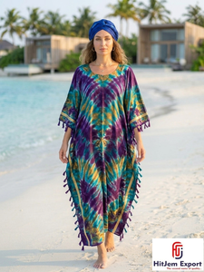Vestido Kaftán Boho Tie Dye Personalizado para Mujer, Cuello en V, Largo hasta el Suelo, Traje de Playa, Ropa de Verano para Resort, Fabricante y Proveedor OEM ODM - Product Image 3
