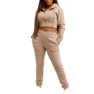 Survêtement court d'hiver respirant pour femme 2026 de haute qualité, 100 % coton, à capuche, taille élastique, en molleton, 2 pièces - Product Image 4