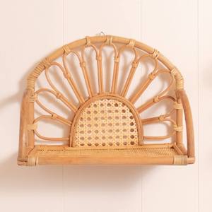 Étagère murale artisanale en rotin Sunburst, étagère flottante ronde en bambou tressé, étagère décorative pour salon, étagère à livres en céramique - Product Image 3