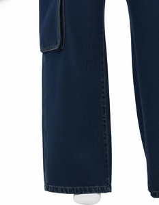 Pantalon cargo en denim taille haute, délavé moyen, écologique, respirant, avec grandes poches, coupe ample, longueur intégrale, couleur unie, fermeture boutonnée - Product Image 3