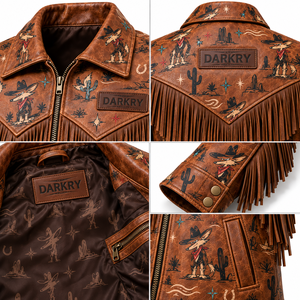 Printed Coyote Desert Pattern <b>Leather</b> Fringe <b>Jacket</b> <b>Mens</b> Custom <b>Brown</b> Cowhide Vintage Western Biker Coat OEM ODM Manufacturer - Product Image 6