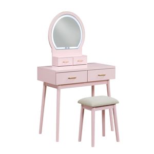 Bellissima Toeletta Rosa con Specchio e Sgabello, Set di Mobili per Camera da Letto con Cassetti Portaoggetti, Vanità per il Trucco - Product Image 2