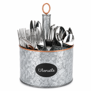 Wholesale Galvanized Utensil <b>Caddy</b> with Wooden Handle 6 Compartment Metal Cutlery Holder and Flatware Silverware Organizer - Product Image 2