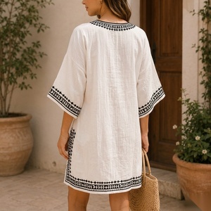 <b>Boho</b> Embroidered Kaftan Mini <b>Dress</b> V-Neck Loose Fit Cap Sleeve Cotton Fiber <b>Summer</b> Casual <b>Dress</b> - Product Image 2
