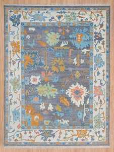 Tapis en laine noué à la main, motif floral classique, gris, bleu, multicolore, rectangulaire, à poils plats, durable, pour la maison - Product Image 1