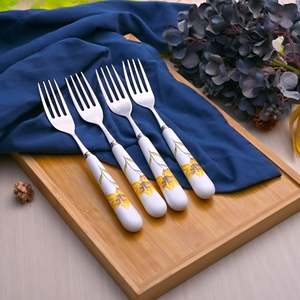 Ceramic & Steel Sunray Floral <b>Forks</b> (Set of 4) for Fruit Dessert Restaurant Use Kids Friendly Stainless Steel Handle for Camping - Product Image 1
