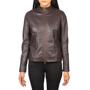 <b>Women's</b> <b>Brown</b> Genuine <b>Leather</b> Motorcycle <b>Jacket</b> Stand Collar Long Sleeve Moto Biker Coat - Product Image 3