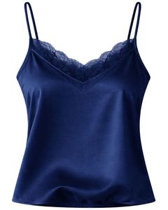 Navy Blue Satin Camisole Shorts Set Women Sleepwear <b>Lace</b> Trim Spaghetti Strap Soft Breathable Summer Nightwear Pajama Set Lounge - Product Image 2
