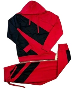 Survêtement unisexe rouge et noir à blocs de couleur, manches longues, à capuche, décontracté, pour l'automne, respirant, en polyester, coupe classique, adulte - Product Image 1