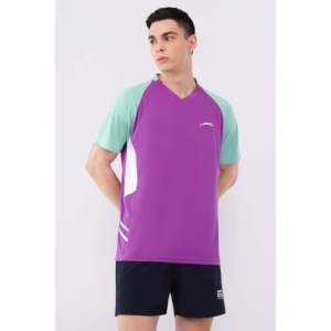 Camiseta de Tenis STAG para Hombre, Cuello en V, Bloques de Color, Manga Corta, Absorbe la Humedad, Ajuste Atlético, Morado y Verde Menta, ST-RVN2 - Product Image 1