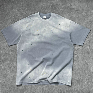 T-shirt Homme Oversize en Coton Couleur Unie Manches Courtes Col Rond Tricoté Lavé Style Décontracté Vintage Effet Délavé à l'Acide - Product Image 1