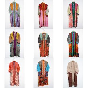 Multi-Colour Up-cycled Sleepwear Vintage Silk Saree Floral Kimono Indian Handmade Maxi Gown Dress Style Knee Length Bathrobe - Product Image 1