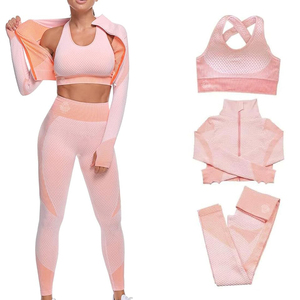 <b>Pink</b> 3 Piece Yoga <b>Set</b> Women Seamless High Waist Leggings Sports Bra Full Sleeve Jacket Breathable Fitness Wear - Product Image 1