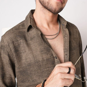 Camisa Casual de Lino y Algodón Marrón para Hombre, Manga Larga, Cuello Clásico, Transpirable, Color Sólido, Tejida, para Verano - Product Image 6