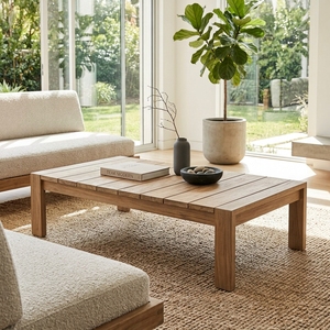 Modern Low Solid Wood Coffee Table Elegant Slatted Plank Top Wooden Accent Table For <b>Rustic</b> Living Room Setup Art Design Set Art - Product Image 5
