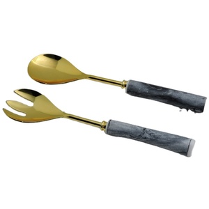 Pierre de marbre et acier inoxydable avec serveur de salade plaqué or Outils à main de salade faits à la main accessoires de cuisine - Product Image 1