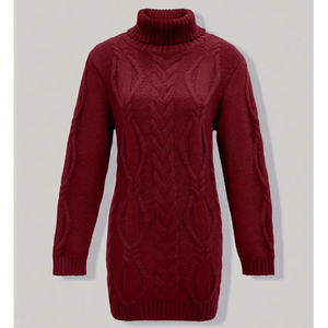 Robe pull jacquard torsadé vintage de haute qualité pour femme, col roulé, unie, avec appliques, manches longues, silhouette droite - Product Image 1