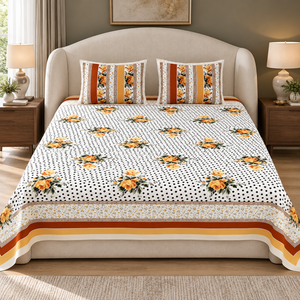Juego de Ropa de Cama Floral Resistente a la Decoloración, 100% Algodón, Estampado a Mano, 300 Hilos, Sábana de 1.8m, Funda de Almohada, para Todas las Temporadas |   Decoración Premium - Product Image 1