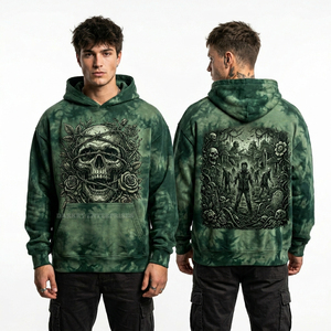 Sweat à capuche tie-dye vert forêt pour homme, imprimé personnalisé crâne, fil barbelé et rose, streetwear, délavage vintage, coupe oversize, fabricant - Product Image 1